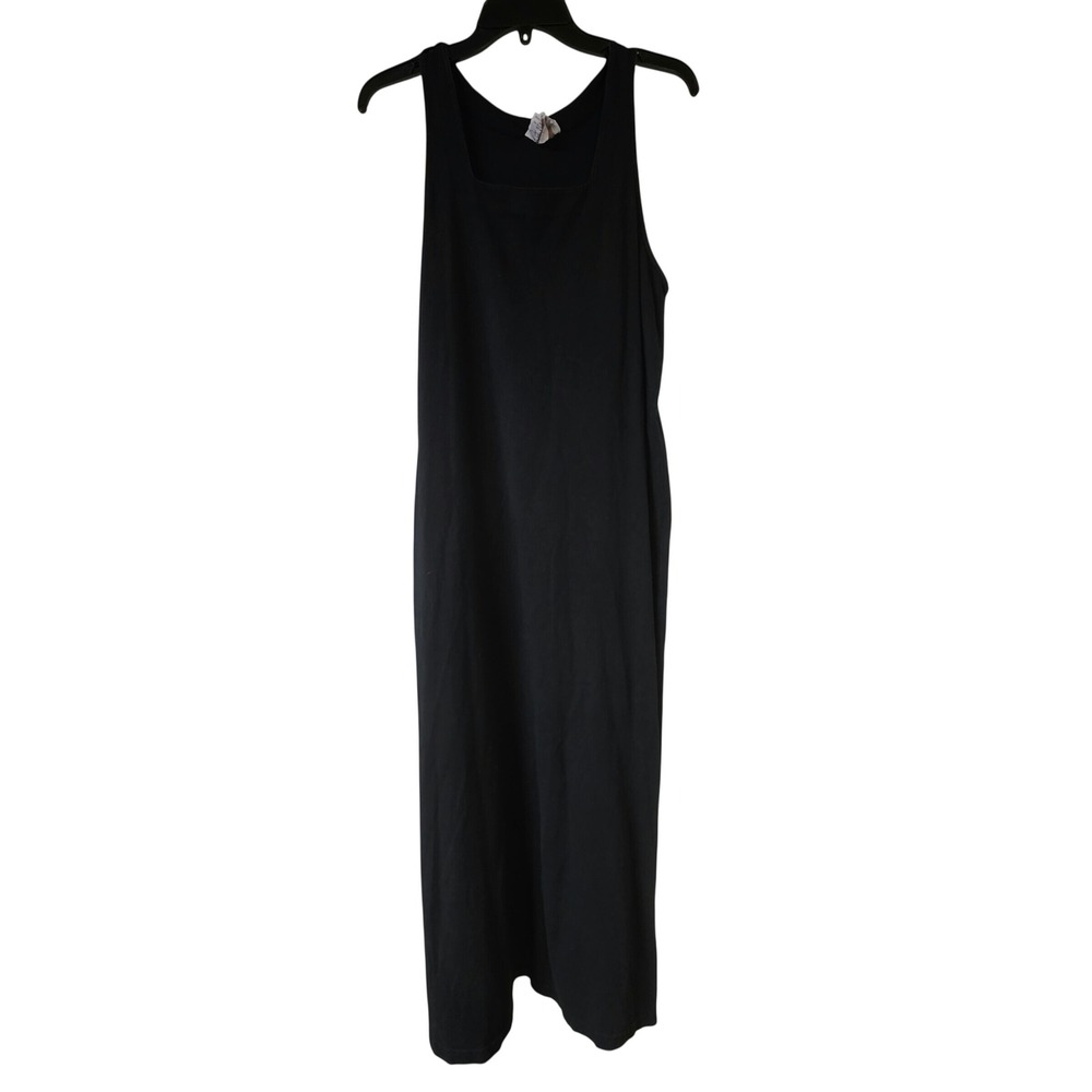 Vintage 90s Fresh Produce Black Cotton Square Neck Maxi Tank Dress Side Slits M